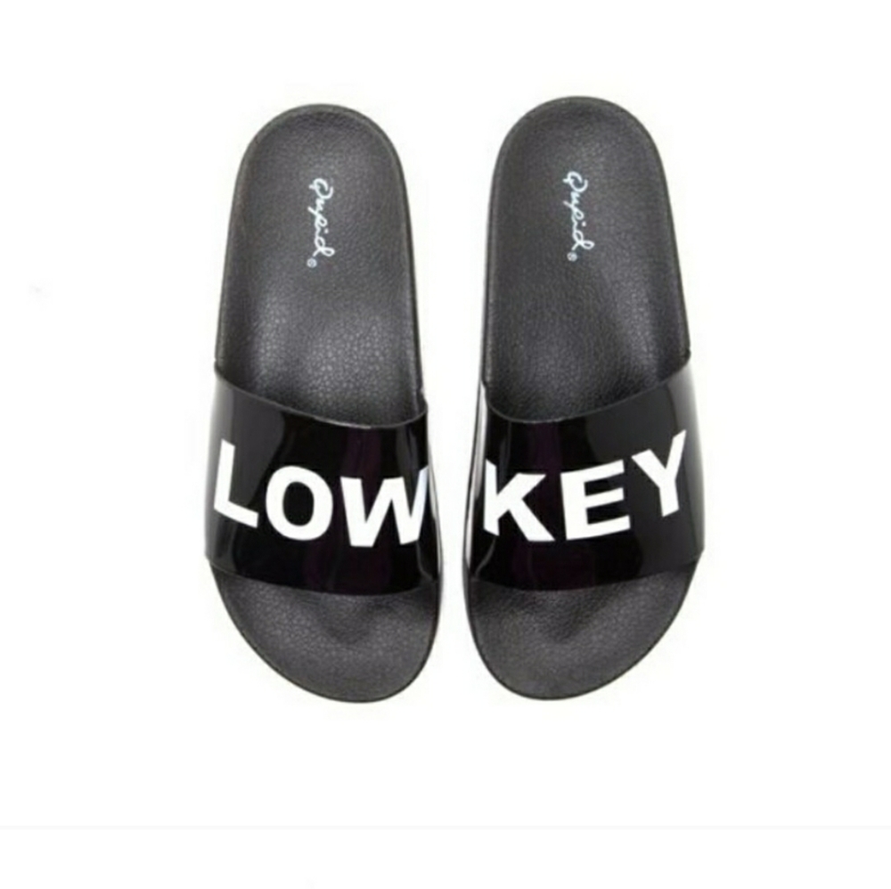 Black Patent #LOWKEY slides...Bold Statemeny